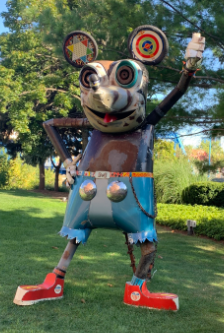 A mouse statue made out of scrap metals, found by the museum.