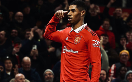 Marcus Rashford celebrates his goal against Manchester City